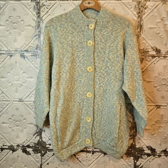 barrie shetland Green Wool/Cotton Blend Cardigan Size M Cozy Core Cabin Chic - Picture 3 of 12
